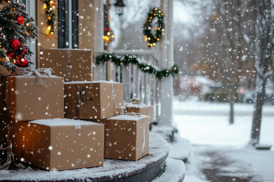 Snow covered customer packages on a holiday decorated porch during Christmas with copy space, holiday online shopping concept