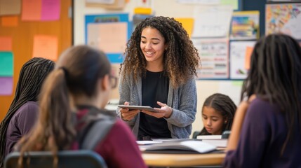 An intimate scene of a small group of students receiving personalized instruction from a dedicated teacher in a cozy classroom. The teacher, a passionate educator, is explaining a complex concept