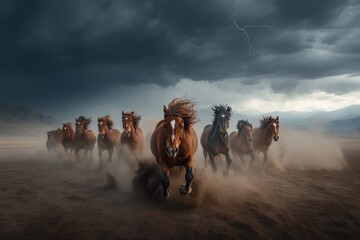 A captivating image of a herd of horses galloping through a desert environment under a dramatic, stormy sky with dark clouds and distant mountains.