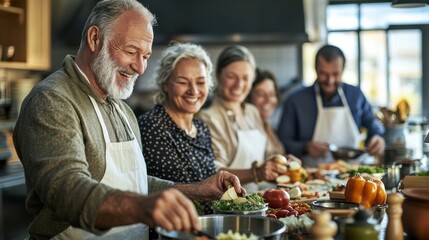 A lively scene in a bustling kitchen where a group of middle-aged friends is taking a cooking class together. The group, composed of men and women from various backgrounds, is gathered around a large