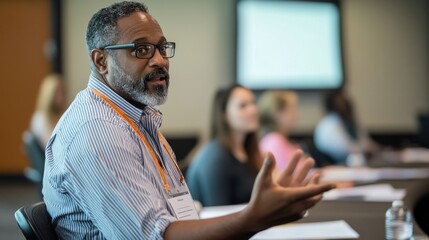 A dynamic and engaging scene of a group of educators attending a professional development workshop. The participants, who come from various educational backgrounds, are actively engaged in