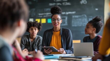 An inspiring image of a teacher leading a discussion in a small classroom setting, surrounded by a group of attentive students. The teacher, an experienced and passionate educator, uses a digital