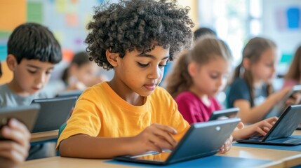 A dynamic and engaging image of a group of students using tablets in a technology-enhanced classroom. The students, representing a diverse mix of backgrounds, are seated at their desks, working on