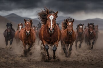 Fototapeta premium A group of horses is captured in full gallop across an open, dusty land with dark storm clouds brewing above, exuding a sense of freedom, strength, and primal energy.
