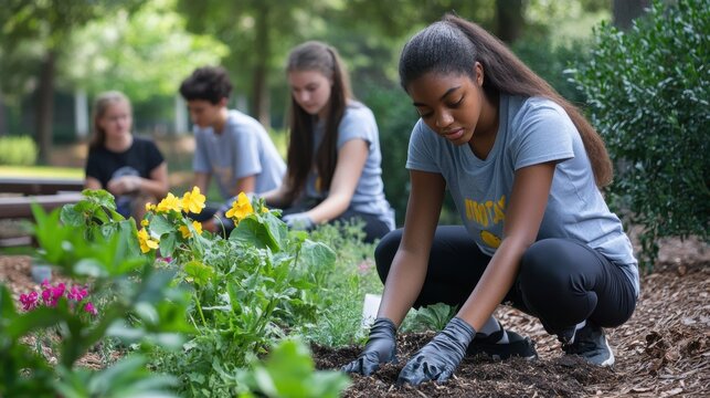 An engaging photo of a group of students and teachers participating in a community service project. The group, which includes individuals of various ages and backgrounds, is working together to clean