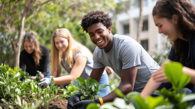 An inspiring photo of a group of university students participating in a sustainability initiative. The students, who come from various academic backgrounds, are engaged in activities such as planting
