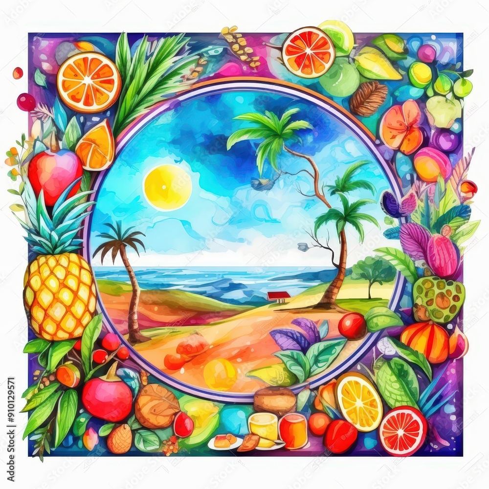 Aufkleber a bright tropical landscape features palm trees and ocean waves, framed by an array of colorful frui