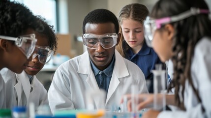 A vibrant and energetic scene of a group of students participating in a science experiment. The students, who come from diverse backgrounds, are gathered around a lab table, wearing safety goggles
