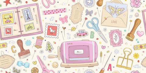 Seamless pattern with hand drawn art supplies for scrapbooking. Background with handmade, scrapbook or planner decoration elements. Stickers, stamp, tape. Vector illustration