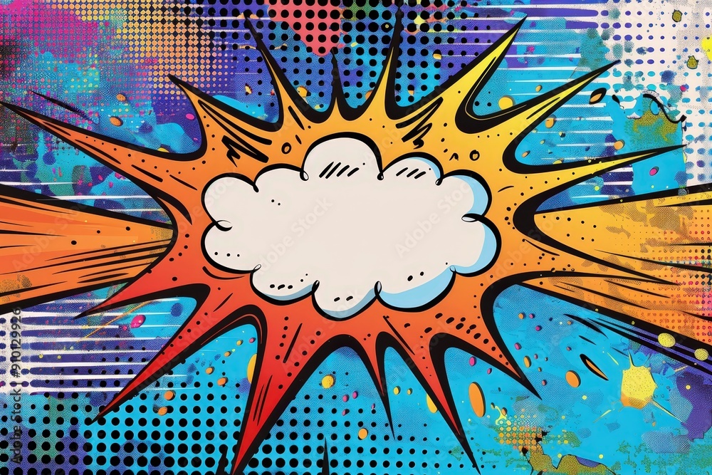 Poster a vibrant explosion graphic featuring hues of blue, orange, and yellow, perfect for adding custom te
