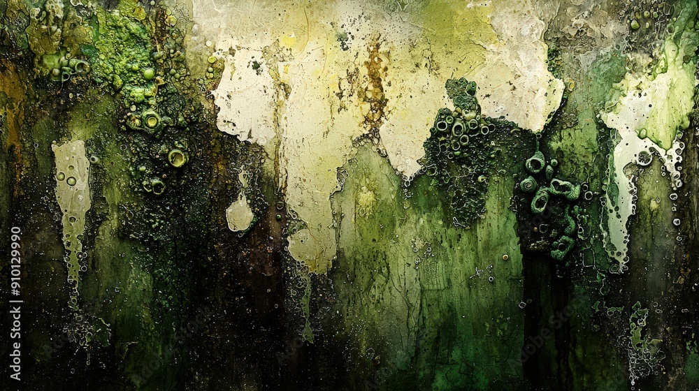 Leinwandbilder Layers of green and brown create an organic texture, showcasing bubbles and intricate patterns illuminated by soft natural light