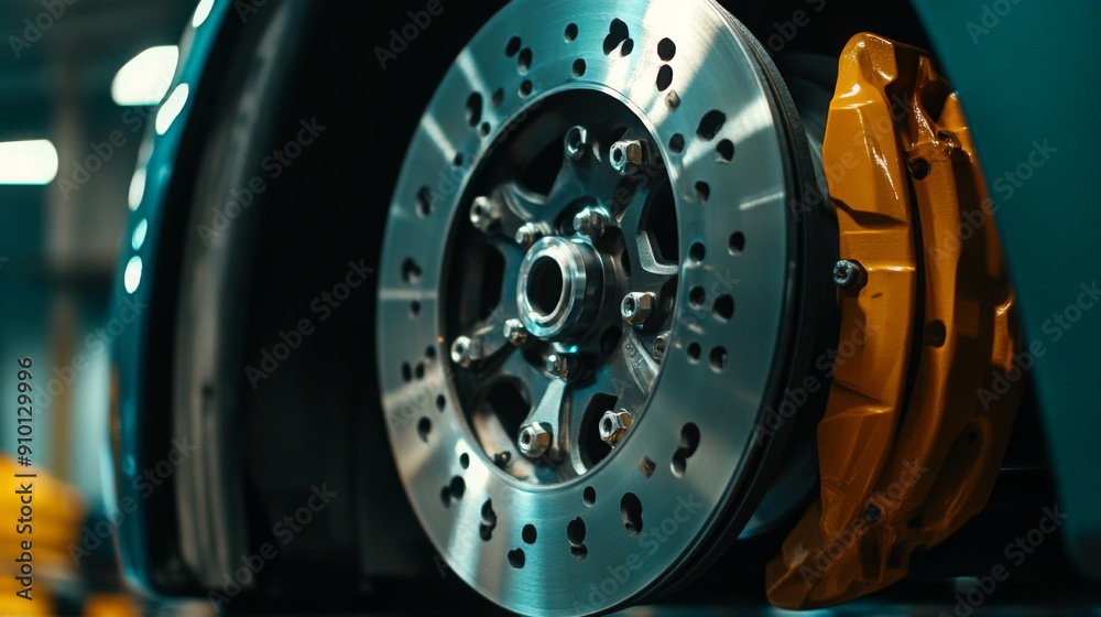 Poster a detailed view of a high-performance brake system showcases the intricate design of the rotor and c