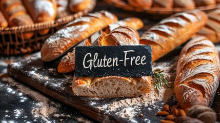  rustic arrangement of freshly baked gluten-free bread loaves, artfully displayed on a wooden board with a small chalkboard sign indicating "Gluten-Free." 