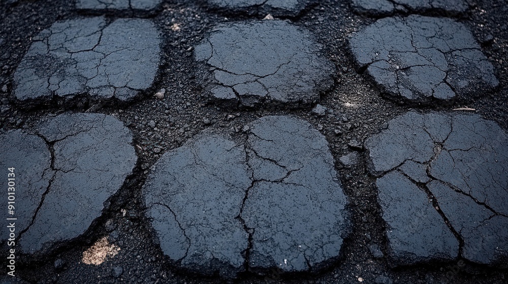 Aufkleber cracked asphalt stones create a textured pattern on a worn road surface illuminated by soft dusk lig
