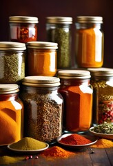 vibrant spices displayed clear containers textured backdrop showcasing rich colors varied textures, seasoning, herb, jar, glass, food, flavor, aroma
