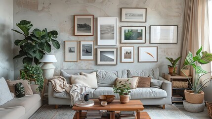 gallery wall showcasing an array of framed artwork, photographs, and prints, adding personality and visual interest to the walls.