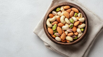 Almonds, pistachios, and cashews in a wooden bowl on a linen napkin, with a soft grey background, top view