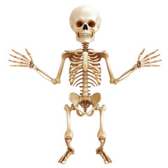 A skeleton is standing with its arms outstretched, looking to the right, 3D illustration, Halloween, Clipart, 3d render, isolate on a transparent background.