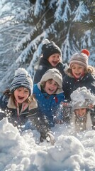 Five children in winter gear play in the snow amidst falling snowflakes. Their varied movements and joyful expressions capture the enchanting winter wonderland with evergreens in the background.