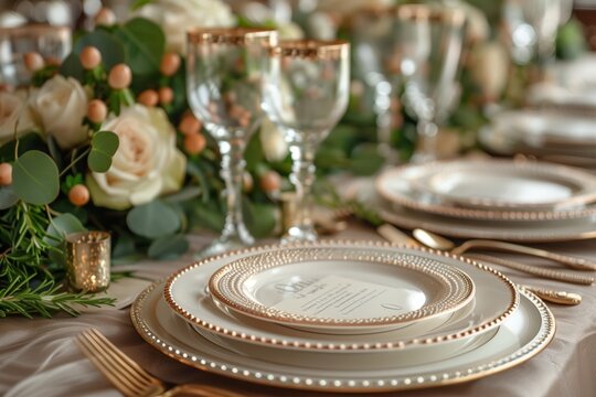 Elegant Table Setting With Floral Centerpiece for Festive Occasion in Soft Lighting