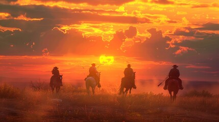 Fototapeta premium Four cowboys on horses ride under a colorful sunset, creating a dynamic scene against a backdrop of rolling hills, conveying a sense of adventure.