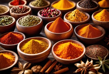 Fototapeta premium vibrant arrangement unique spices rustic wooden bowls showcasing spectrum colors textures, display, rare, natural, organic, seasoning, herb, ingredient