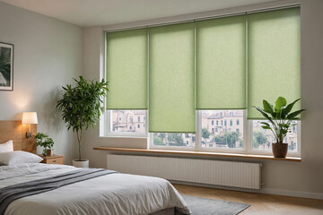 Green blackout roller blind on windows in stylish modern badroom. Shutters on the plastic window.