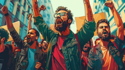 The digital image shows men participating in a street protest, dressed casually, angry and frustrated. They have raised fists and are shouting loudly.
