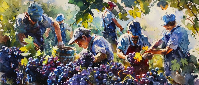 Five individuals wearing caps are harvesting grapes in a sunny vineyard, showing teamwork and dedication in their work under the golden sunlight.