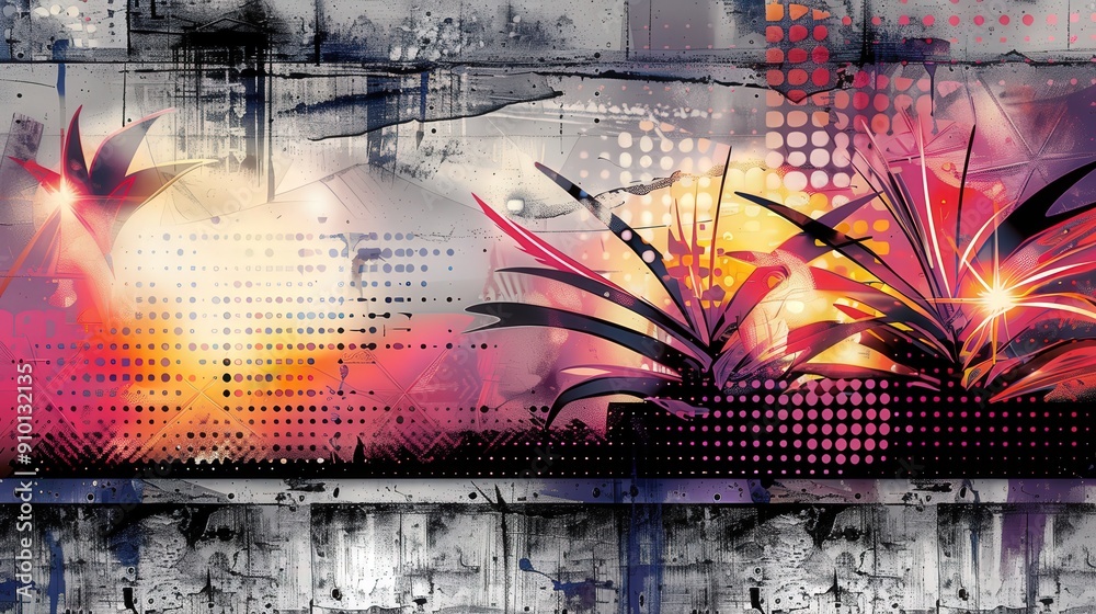 Poster dynamic abstract design showcasing colorful plant silhouettes with a textured, graffiti-style backdr