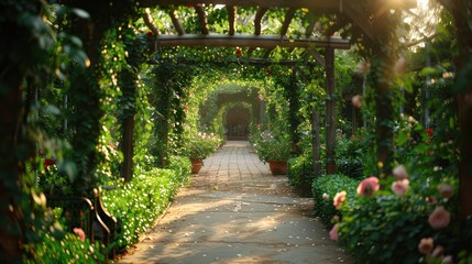  picturesque garden with trellises and arbors covered in climbing plants, adding vertical interest and structure to the garden.