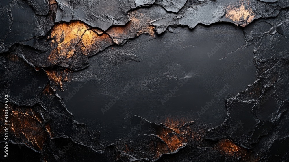 Aufkleber Cracked surface of a black and orange lava rock shows intricate textures highlighted by natural light, creating a stunning visual contrast