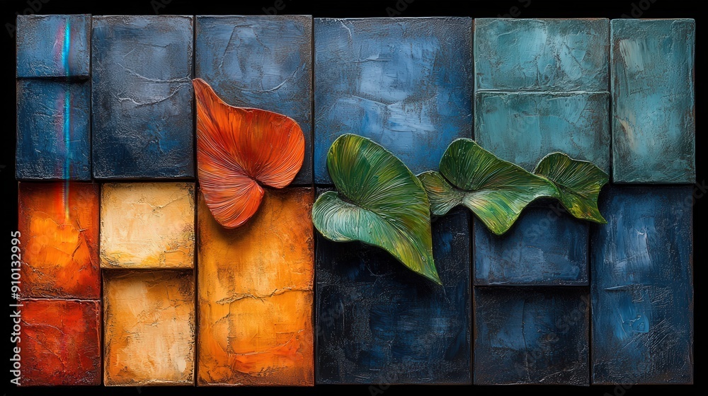 Poster a vibrant display of textured wall art showcases large colorful leaves against a rich blue and orang