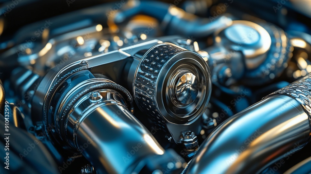 Aufkleber A metallic engine component is showcased, highlighting intricate details and advanced engineering within a high-performance vehicle.