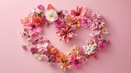 Pink and Peach Flower Heart Shape on Pink Background.