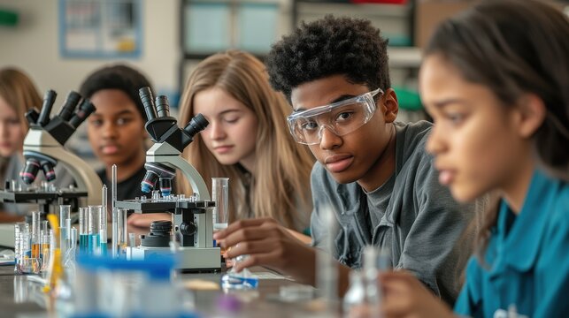 A group of high school students in a science lab, conducting an experiment with microscopes and test tubes, guided by their teacher, highlighting the hands-on nature of STEM education, the excitement