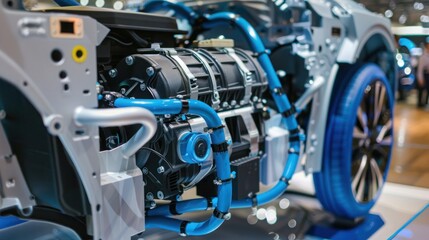 modern electric vehicle motor battery inside the car frame