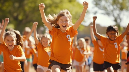 A high-energy sports day at an elementary school, with students participating in various athletic events, cheering each other on, and celebrating their achievements, highlighting the importance of