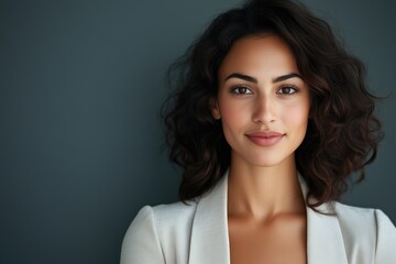 3:2 Professional Headshot Portrait of Confident Businesswoman Against Plain Background. Empowered Female Executive Exuding Leadership and Professionalism, for Corporate Branding and Marketing.