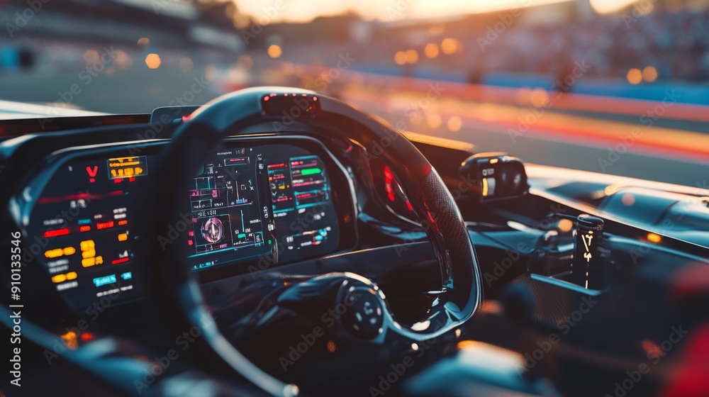 Poster the cockpit of a racing car features a high-tech dashboard, illuminated by colorful lights, capturin