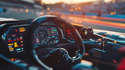 The cockpit of a racing car features a high-tech dashboard, illuminated by colorful lights, capturing the excitement of competition as the sun sets in the background.