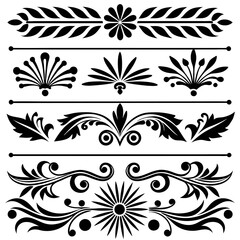 A symmetrical design in black features intricate floral patterns and decorative borders