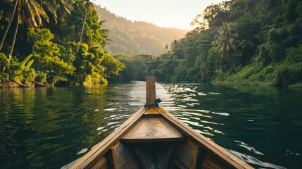 Fototapeta premium canoe on a lake surrounded by forest on a sunrise