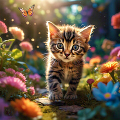 A high angle shot of a playful tabby kitten exploring a garden filled with butterflies and blooming flowers