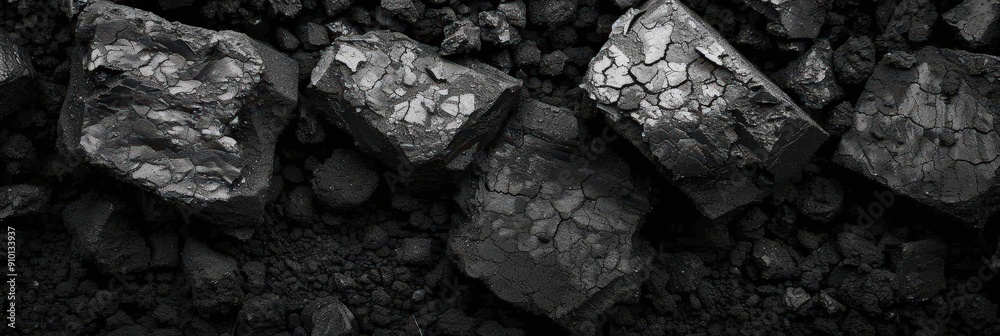 Poster dark, textured coal rocks lie scattered on a rugged surface, showcasing intricate patterns and earth