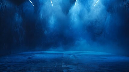 an empty stage illuminated by blue spotlights cutting through thick fog, creating a moody and atmospheric scene with a sense of anticipation and mystery.