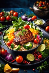 colorful culinary presentation featuring fresh diverse eye catching arrangement delightful gastronomic experience, meal, display, ingredients, colors