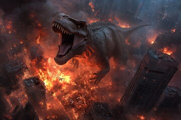 A monstrous T-Rex roams through a city set ablaze, surrounded by skyscrapers, epitomizing chaos and prehistoric might against a backdrop of modern urban destruction.