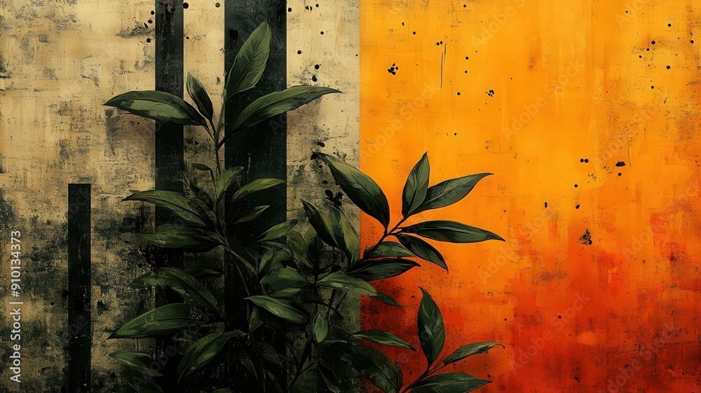 Aufkleber green leaves contrast beautifully with a textured orange and gray wall, creating a striking visual e