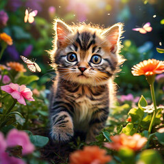 A high angle shot of a playful tabby kitten exploring a garden filled with butterflies and blooming flowers